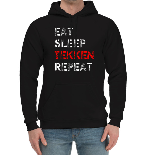 Мужской хлопковый худи с изображением Eat Sleep Tekken Repeat цвета Черный