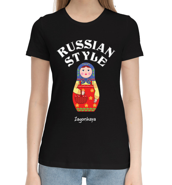 Женская хлопковая футболка с изображением Загорская матрешка цвета Черный