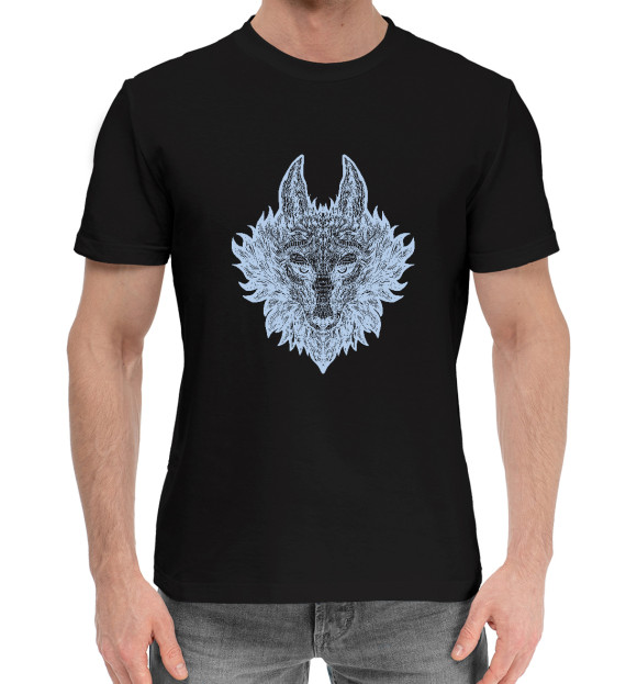 Мужская хлопковая футболка с изображением Серебристый волк цвета Черный