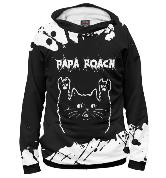 Мужское худи с изображением Papa Roach | Рок Кот цвета Белый