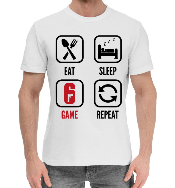 Мужская хлопковая футболка с изображением Rainbow Six Eat Sleep цвета Белый