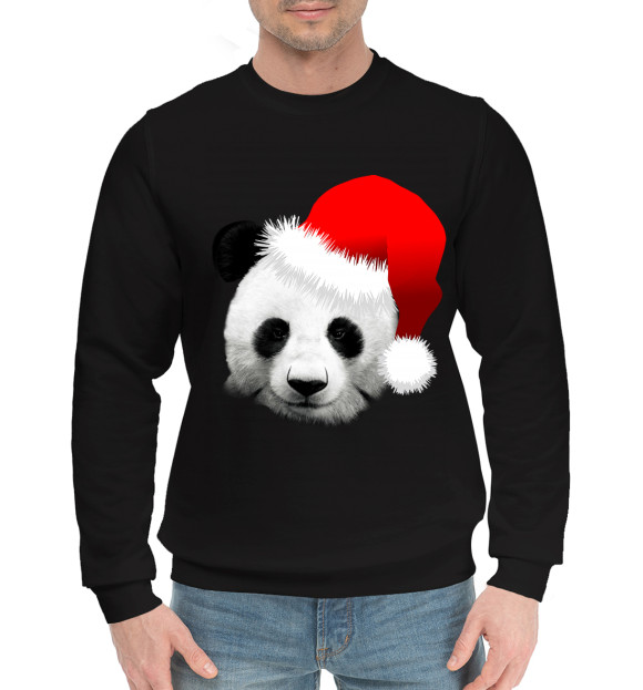 Мужской хлопковый свитшот с изображением Новогодний Панда цвета Черный