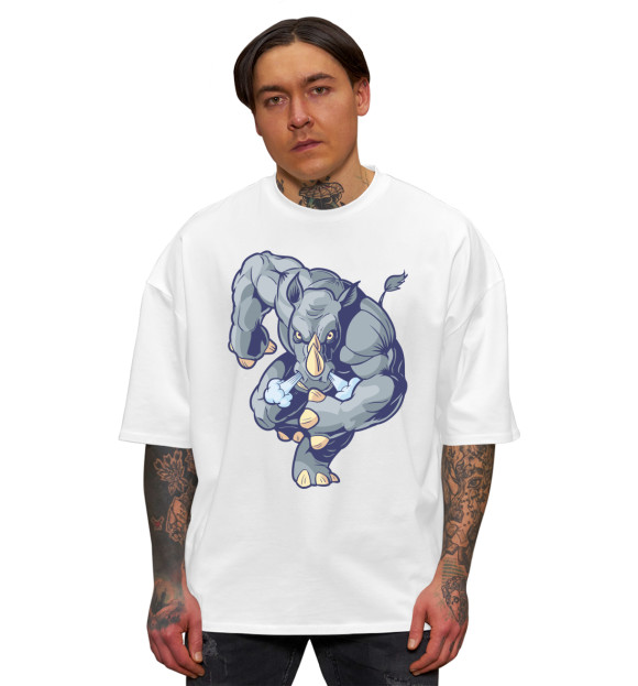 Мужская футболка оверсайз с изображением Носорог цвета Белый