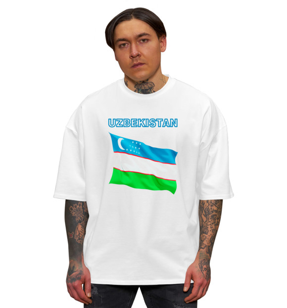 Мужская футболка оверсайз с изображением Узбекистан цвета Белый