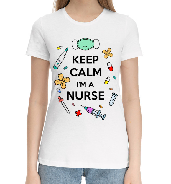Женская хлопковая футболка с изображением Медсестра цвета Белый