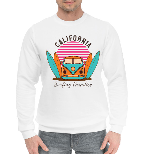 Мужской хлопковый свитшот с изображением Калифорния. Рай для серфера цвета Белый
