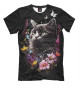 Мужская футболка Черный кот на летнем лугу