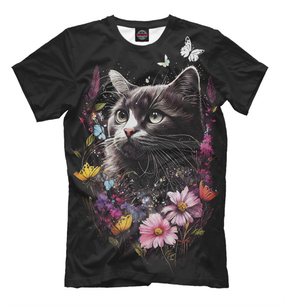 Мужская футболка с изображением Черный кот на летнем лугу цвета Белый