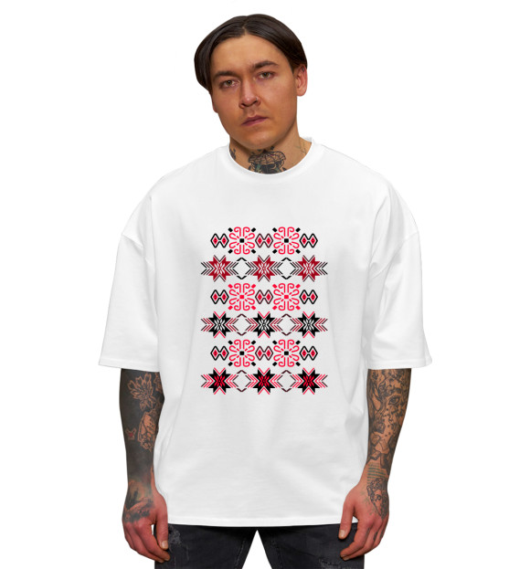 Мужская футболка оверсайз с изображением Снежинки бордо цвета Белый