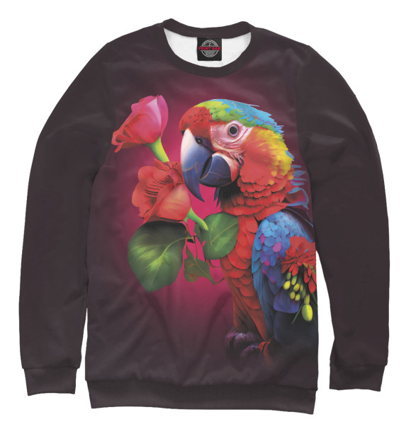 Мужской свитшот с изображением Попугай ара с цветами цвета Белый