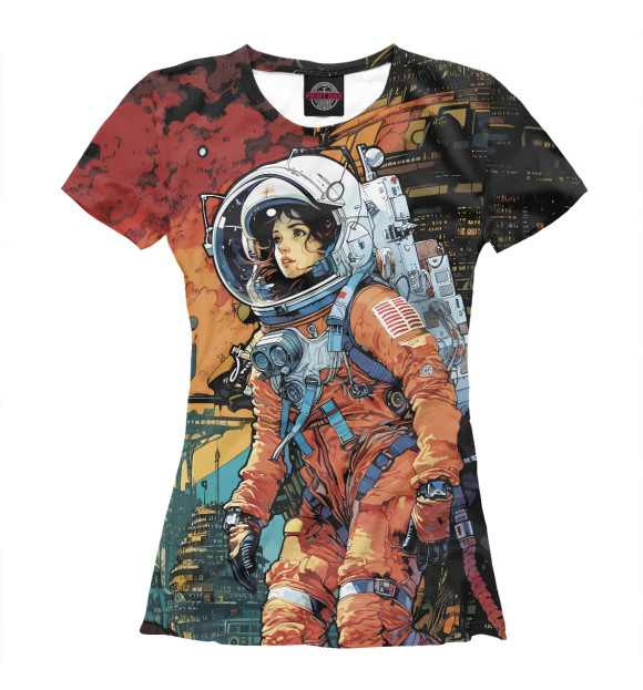 Женская футболка с изображением космонавт в фантастическом городе цвета Белый