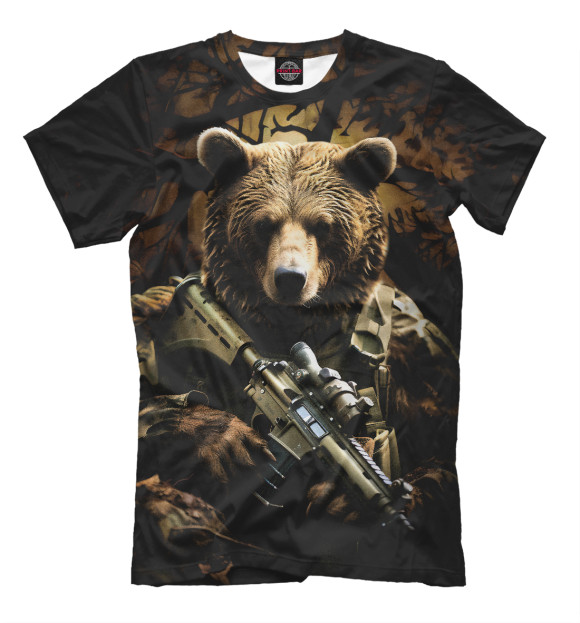 Мужская футболка с изображением Медведь солдат в дремучем лесу цвета Белый
