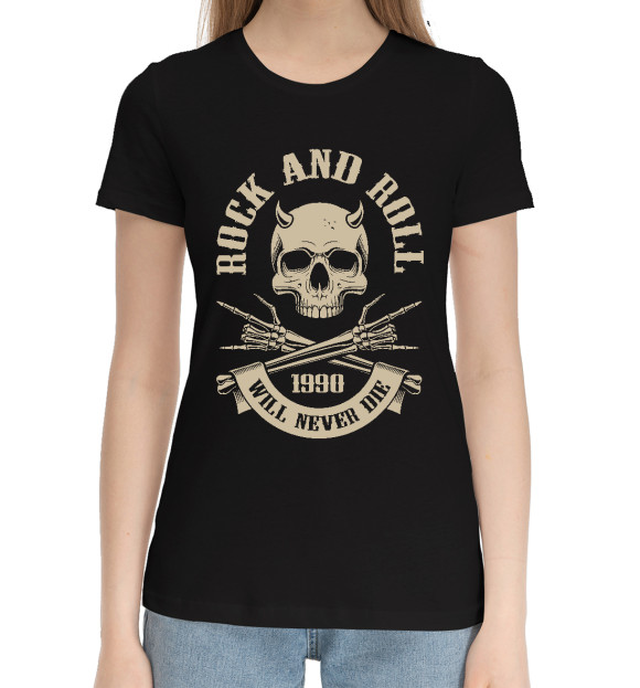 Женская хлопковая футболка с изображением Rock N Roll - skull цвета Черный
