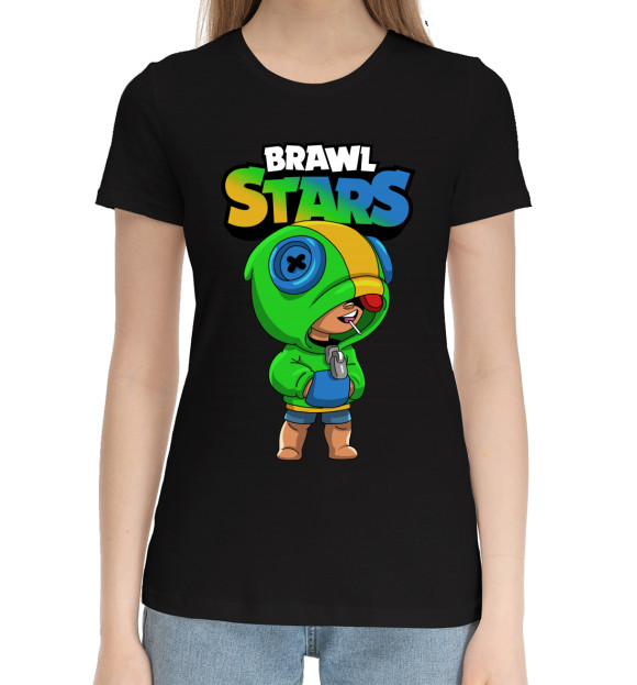 Женская хлопковая футболка с изображением Brawl Stars Leon цвета Черный