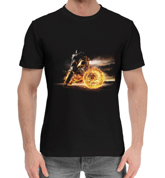 Мужская хлопковая футболка с изображением Fire biker цвета Черный