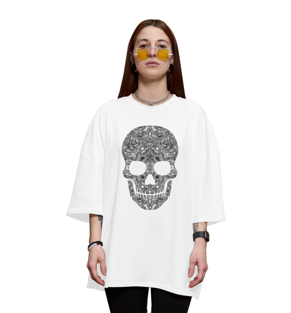 Женская футболка оверсайз с изображением Skull B/W цвета Белый