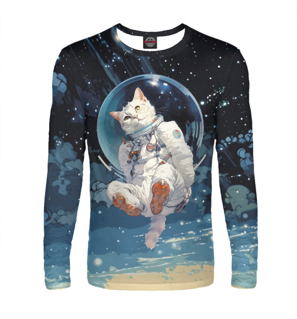 Мужской лонгслив с изображением Белый кот космонавт в невесомости цвета Белый