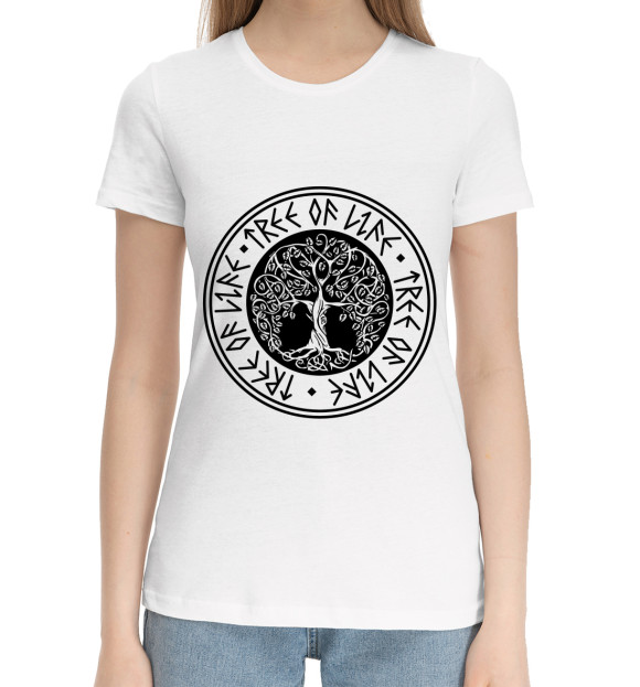 Женская хлопковая футболка с изображением Славянское древо жизни цвета Белый