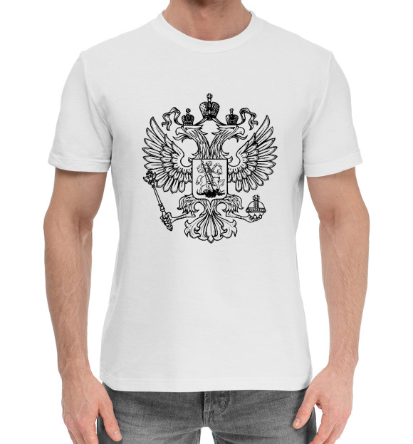 Мужская хлопковая футболка с изображением Герб РФ цвета Белый