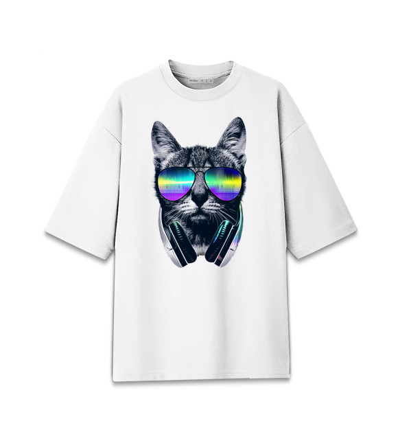 Женская футболка оверсайз с изображением Кот с наушниками цвета Белый