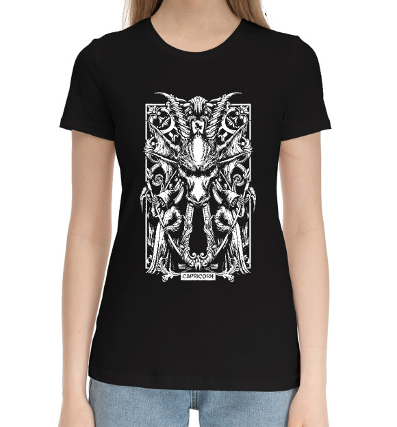 Женская хлопковая футболка с изображением Демонический козерог цвета Черный