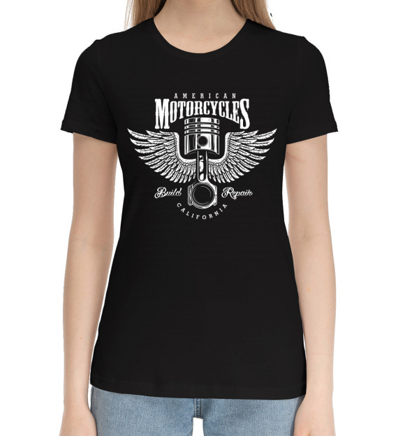 Женская хлопковая футболка с изображением MOTORCYCLES цвета Черный