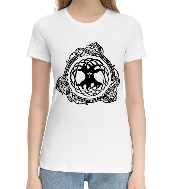 Женская хлопковая футболка с изображением Древо Жизни и Руны цвета Белый