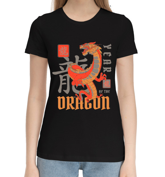 Женская хлопковая футболка с изображением Dragon цвета Черный