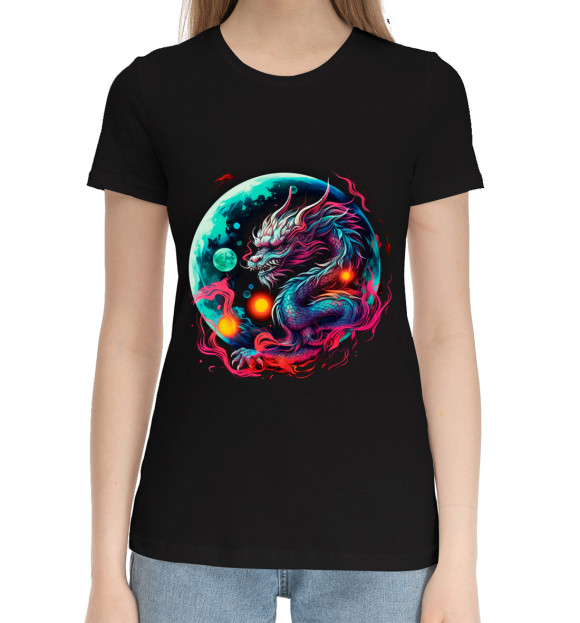 Женская хлопковая футболка с изображением Китайский водный дракон цвета Черный