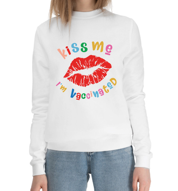 Женский хлопковый свитшот с изображением Поцелуй, я вакцинирован цвета Белый