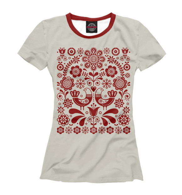 Женская футболка с изображением Славянский узор - птицы цвета Белый