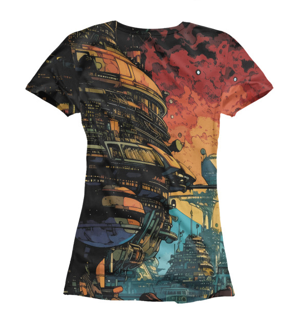 Женская футболка с изображением космонавт в фантастическом городе цвета Белый