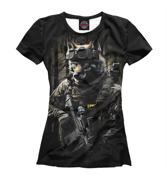 Женская футболка с изображением Волк воин в ночном лесу цвета Белый