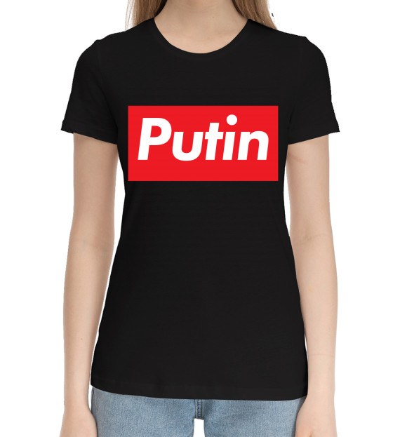 Женская хлопковая футболка с изображением Putin цвета Черный