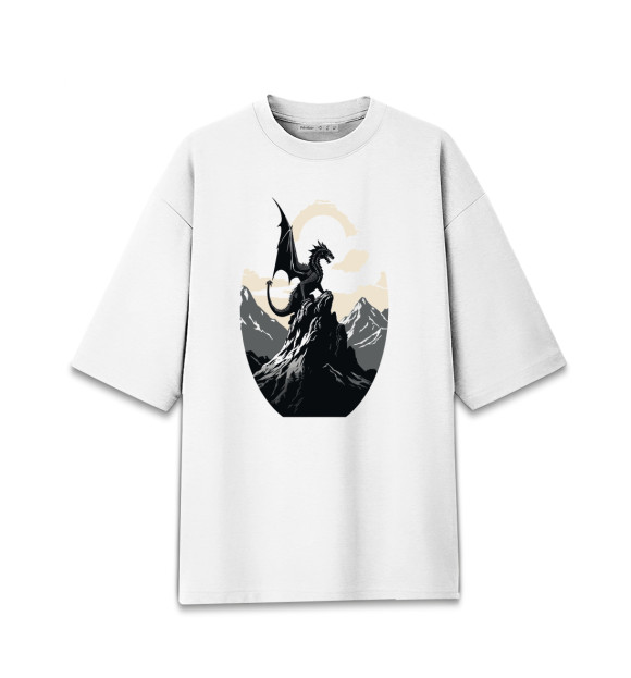 Мужская футболка оверсайз с изображением Дракон на горе цвета Белый
