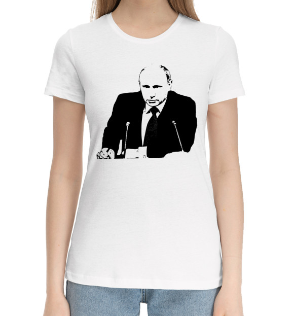 Женская хлопковая футболка с изображением Путин цвета Белый