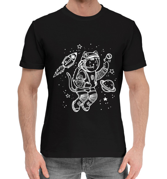 Мужская хлопковая футболка с изображением Space cat цвета Черный