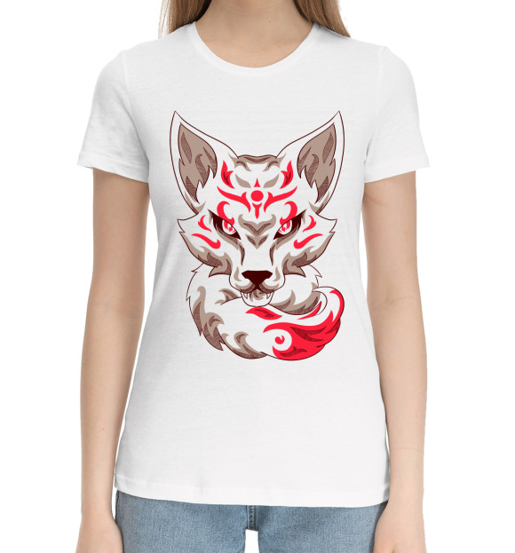 Женская хлопковая футболка с изображением Волк цвета Белый