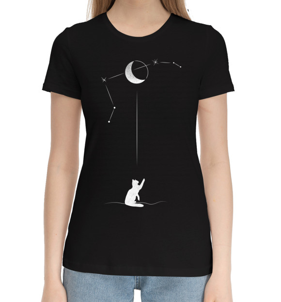 Женская хлопковая футболка с изображением Черный кот цвета Черный