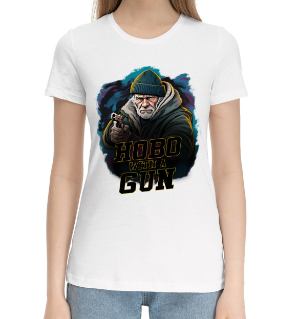 Женская хлопковая футболка с изображением Hobo with a gun цвета Белый
