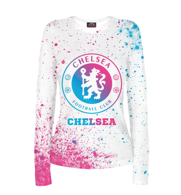 Женский лонгслив с изображением Chelsea Neon Gradient (цветные брызги) цвета Белый