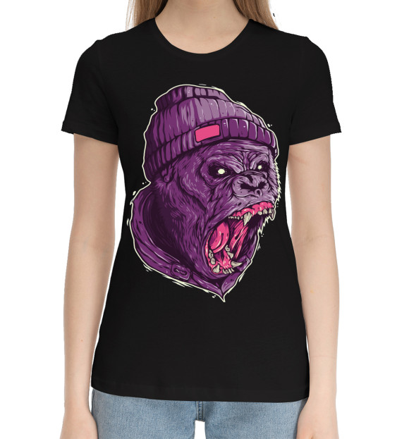 Женская хлопковая футболка с изображением Gorilla цвета Черный