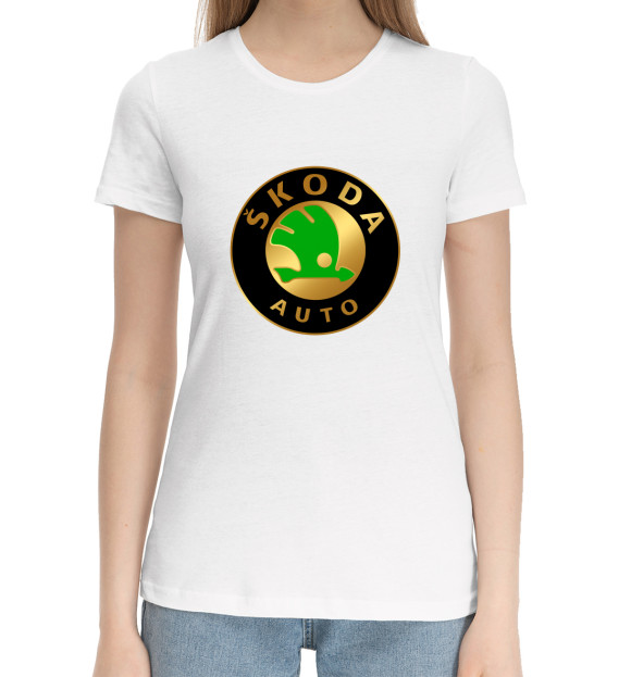 Женская хлопковая футболка с изображением Skoda Gold цвета Белый