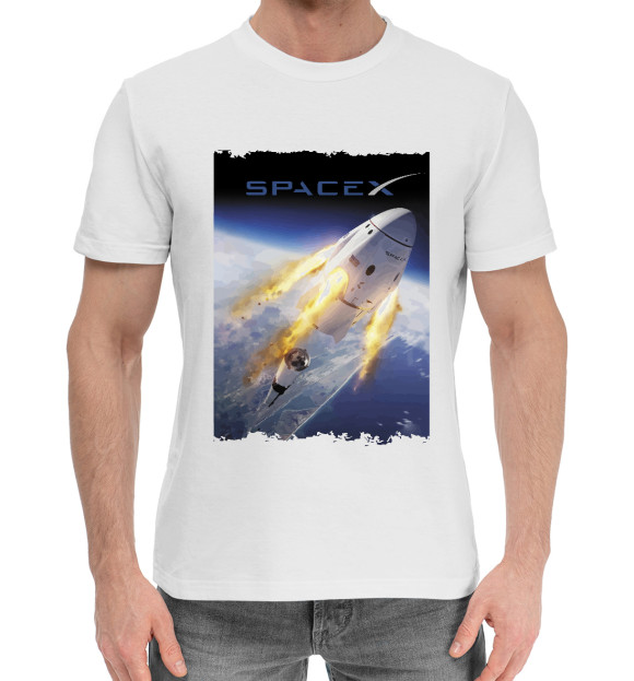 Мужская хлопковая футболка с изображением Space X, выход в космос цвета Белый