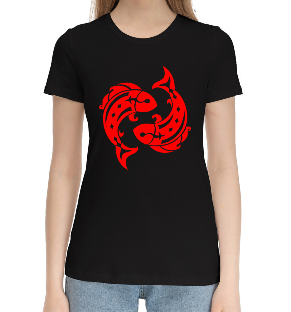 Женская хлопковая футболка с изображением Рыбы цвета Черный