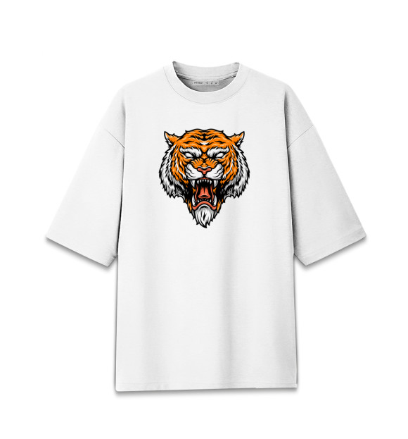 Женская футболка оверсайз с изображением Злой тигр цвета Белый