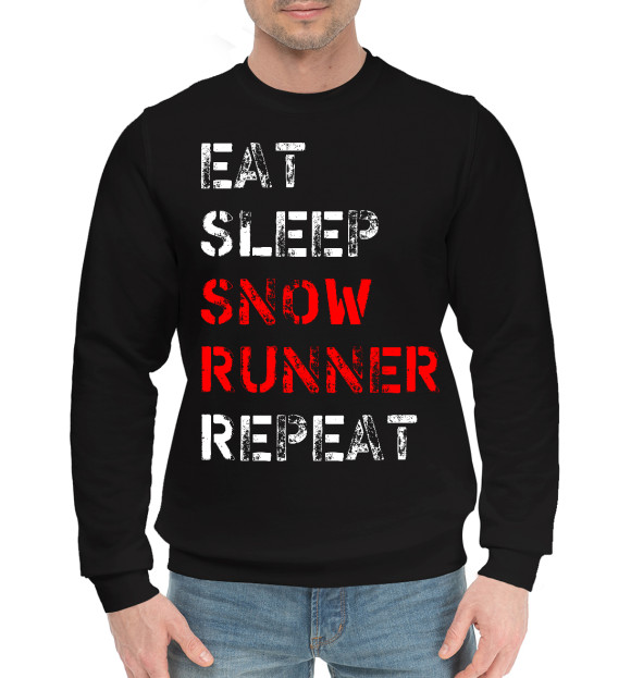 Мужской хлопковый свитшот с изображением Eat Sleep Snow Runner Repeat цвета Черный