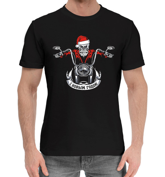 Мужская хлопковая футболка с изображением Санта Череп цвета Черный