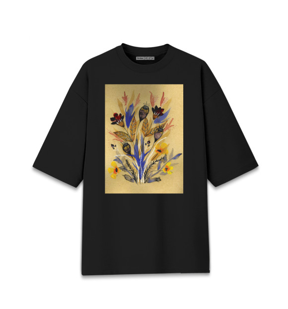 Мужская футболка оверсайз с изображением Цветы цвета Черный