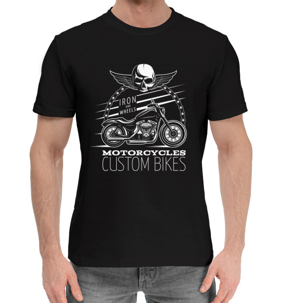 Мужская хлопковая футболка с изображением Motorcycles custom bikes цвета Черный